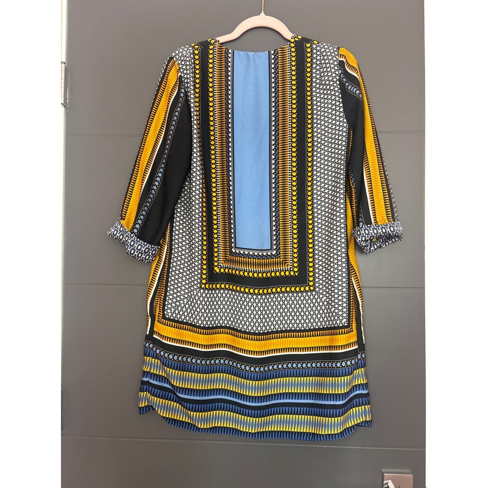 ZARA BASIC Geometric Print V-Neck Tunic Dress Blue Yellow Black White Size M - Picture 5 of 5